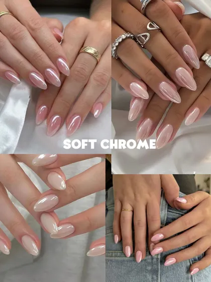 The soft chrome or 'glazed donut' nail is one of the biggest trends, and it's perfect for a modern bride. This collage shows different variations, from soft pinks to pearly whites, all delivering that signature glossy, high-shine, and effortlessly chic finish.