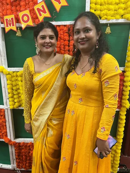 Twinning in yellow with a client. I designed my yellow saree with a full-sleeve embroidered blouse for a festive family function.