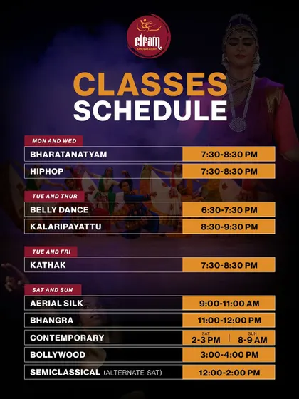 Our comprehensive class schedule shows the variety of options available, including specific timings for our kids' classes like Bollywood and semi-classical.