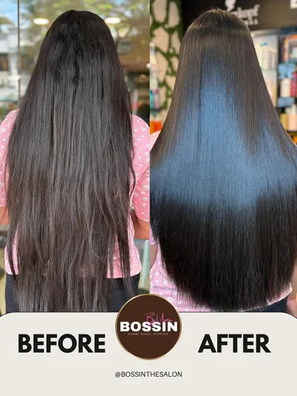 This before and after shows the ultimate shine and sleekness achieved with our smoothening Botox treatment. We turned frizzy, unmanageable hair into a picture of smooth perfection.