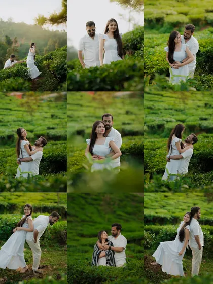 A collage of candid moments from a pre-wedding shoot in a tea estate. It shows the variety of playful and romantic shots we capture during a single session.
