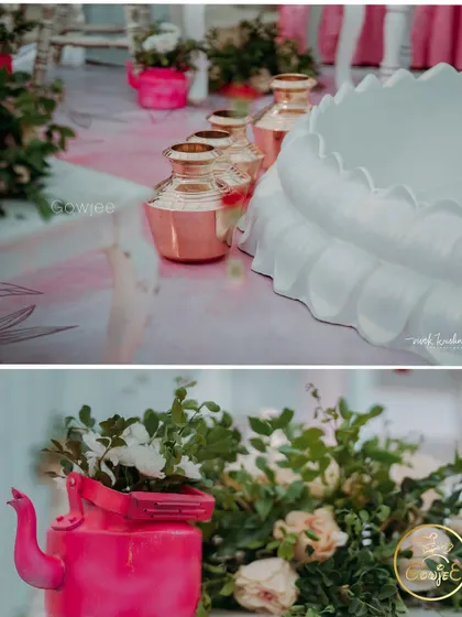 A collage of chic decor details, including pink painted kettles used as vases and modern copper pots.
