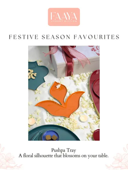 The Pushpa Tray, with its floral silhouette, is one of our festive season favorites. It is designed to blossom on your table, holding sweets or small votives.