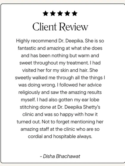 This client review mentions her positive experience with both skin treatments and an earlobe stitching procedure. It's a testament to the range of services I offer and my team's dedication to making every visit a cordial and hospitable one.