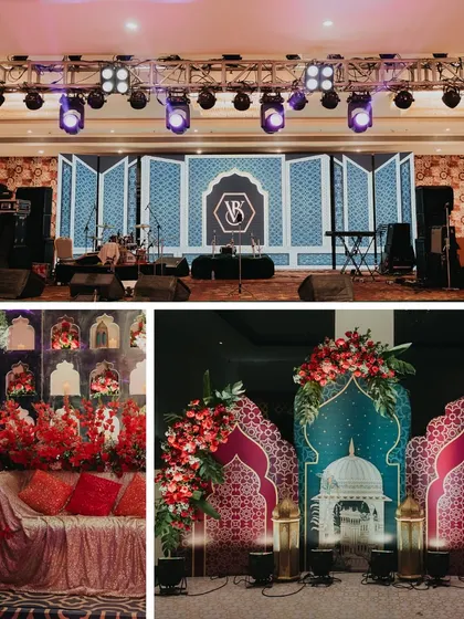 A collage showcasing the decor for a beautiful Sufi Night. We used rich fabrics, traditional arches, and warm lighting with red floral accents to create a soulful and inviting atmosphere.
