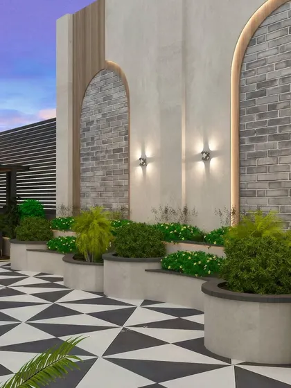 A 3D render for a Kirti Nagar terrace, showcasing a feature wall with brick-inlaid arches and multi-level planters.