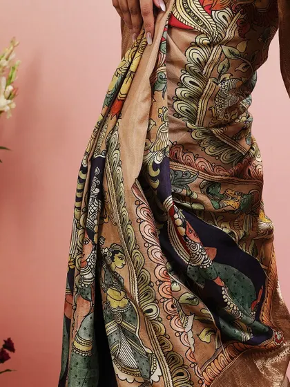 Another detailed shot of the beautiful narrative print on this unique saree.
