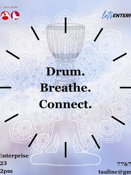 A poster for our 'Drum. Breathe. Connect.' workshop, also known as a RhythMeditation session. We have limited seats for these deep-dive sessions to ensure a personalized and impactful experience.