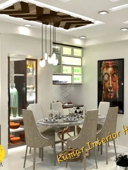 This image highlights the dining and bar area of a home. We created a custom bar cabinet with geometric patterns and backlighting, seamlessly integrating it with the dining space for a cohesive look.