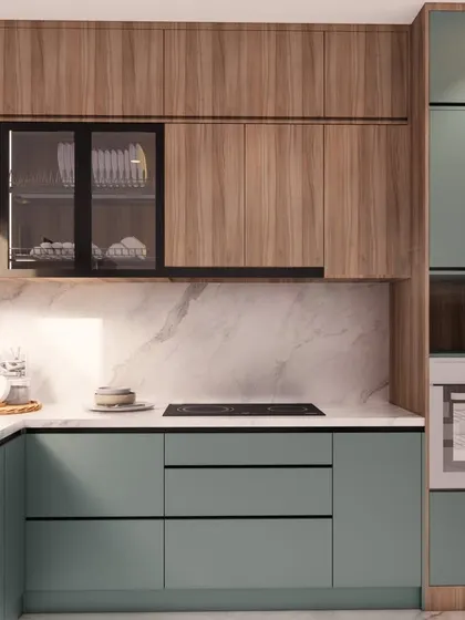 A view of the kitchen from the living area, demonstrating the cohesive flow of the open-plan design.