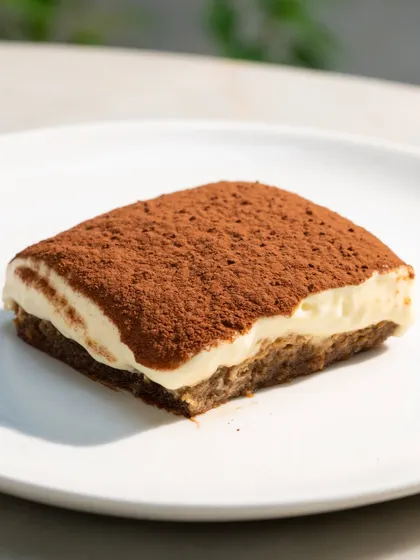 A simple, elegant slice of tiramisu on a white plate. The clean lighting and composition make the dessert look sophisticated.