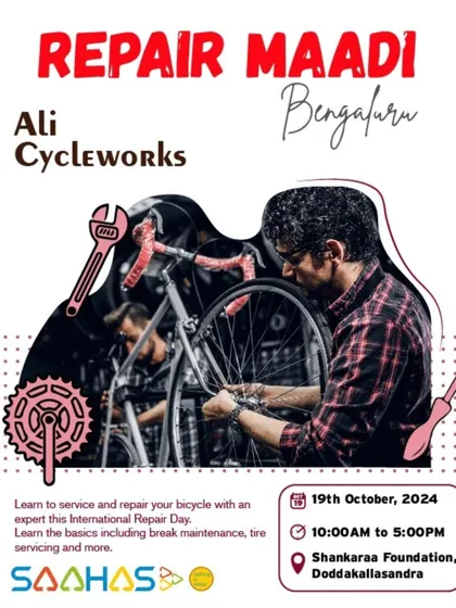 Learn to service and repair your bicycle with an expert from Ali Cycleworks. This poster announces our International Repair Day event in Bengaluru.