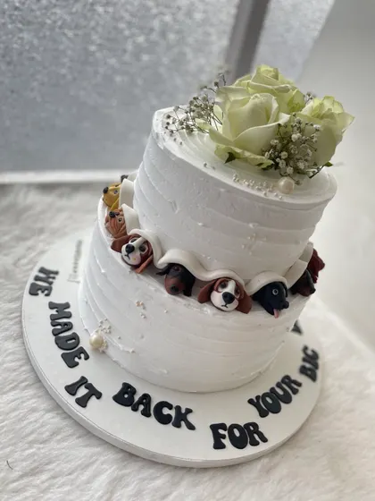 A quirky and sweet two-tier wedding cake for dog lovers. The message reads, "We made it back for your big day!" with adorable fondant dogs peeking out from under the frosting.