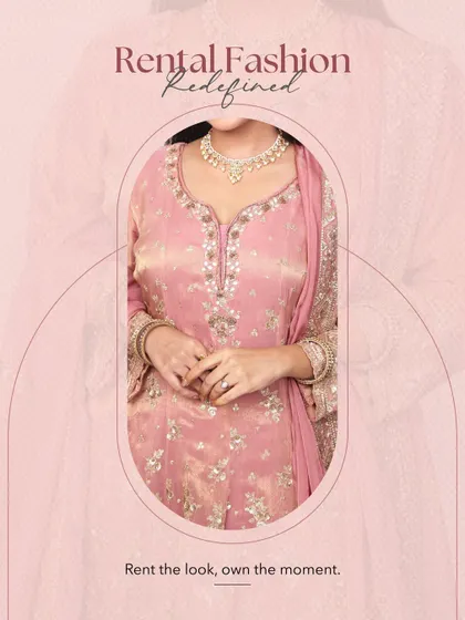 Rental fashion redefined. This image captures the full look of the elegant pink suit, a perfect choice for a daytime wedding event or a festive celebration.
