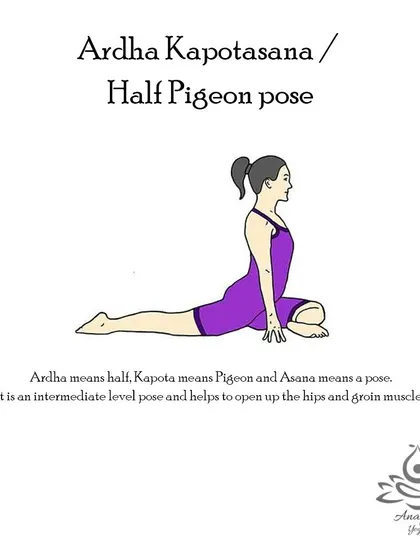 Ardha Kapotasana (Half Pigeon Pose) is an intermediate pose that opens the hips and groin muscles, relieves lower back pain, and stretches the legs.