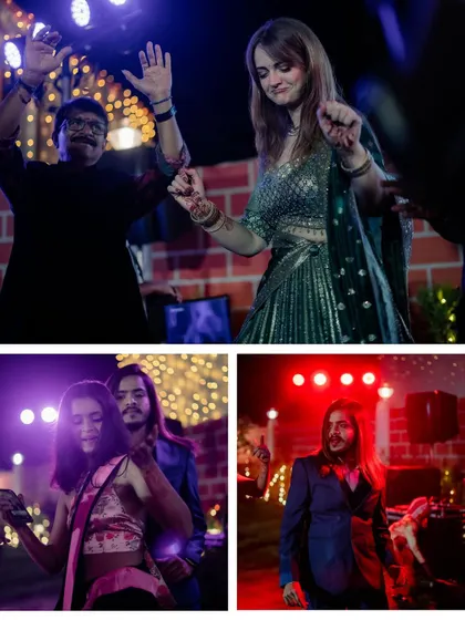 A collage of guests dancing and enjoying the party atmosphere at the reception.