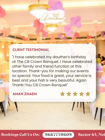 This is a repeat of Aman Zhaem's review, set against a different background, reinforcing their satisfaction with our food, service, and beautiful hall for their daughter's birthday and other functions.