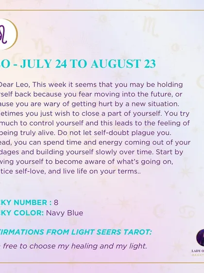 This weekly reading for Leo suggests you may be holding yourself back due to fear. I encourage you to practice self-love, become aware of what's going on inside, and live life on your own terms.