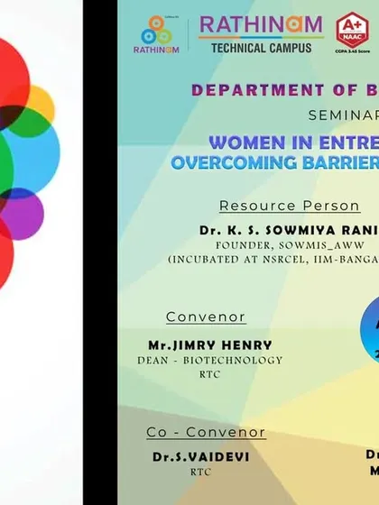 The poster for a seminar on "Women in Entrepreneurship: Overcoming Barriers and Challenges" for the Department of Biotechnology at Rathinam Technical Campus.