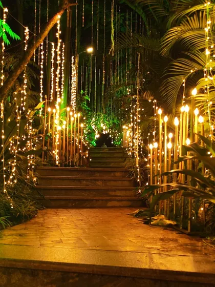 A magical pathway illuminated by hanging fairy lights and tall candle-like lamps. This creates an enchanting and romantic journey for guests as they walk towards the main event area.