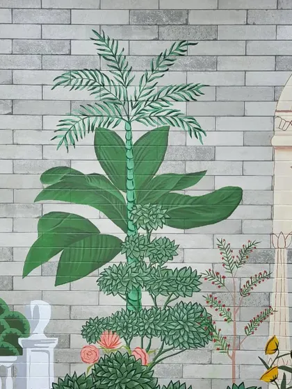 A close-up of the stylized tropical trees and plants from the Providence mural, showing the blend of different leaf shapes and colors.