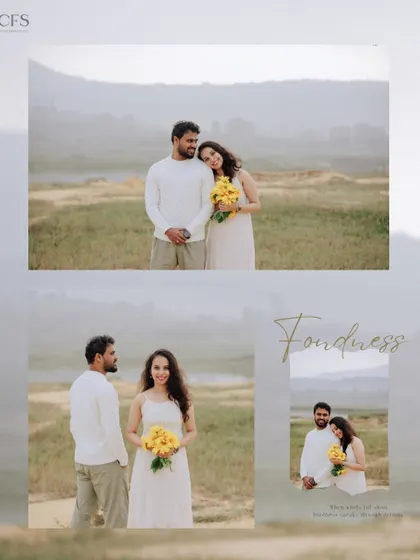 A collage that captures the warm and fond moments of a couple's outdoor shoot, filled with smiles and gentle touches.