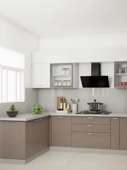A two-tone L-shaped kitchen with taupe lower cabinets and white uppers. The black chimney and open glass-front cabinets add visual interest and break the monotony.