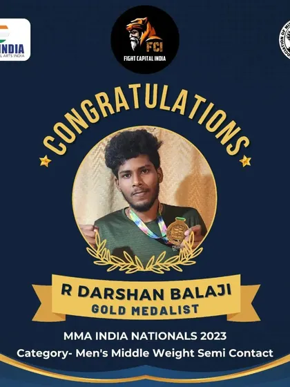 Congratulations to R Darshan Balaji, our Gold Medalist in the Men's Middleweight Semi-Contact division at the 2023 MMA INDIA Nationals.