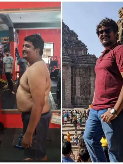 Kishore went from 106 kg to 87 kg. He was mocked at the gym for not using fat burners, but he stuck to my quantified diet plan and consistent activity, proving them all wrong.
