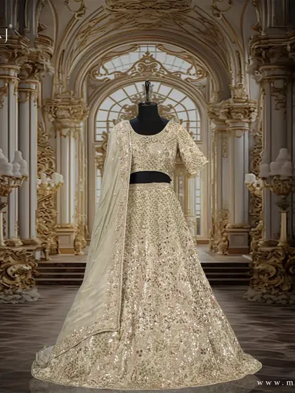 A studio shot of the light gold shimmery lehenga, radiating delicacy and sophistication with its ornamental appliqué and delicate embellishments.