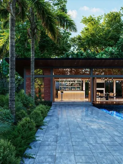 A private residence in Delhi, designed with a seamless connection between the interior living space and the outdoor pool deck. The rendering showcases the open-air design and the dense, jungle-like landscaping.