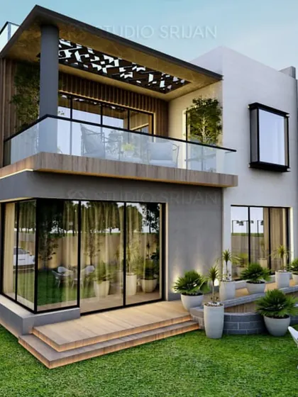 A 3D render of the rear of a Gurgaon villa, designed with a large covered terrace and expansive sliding glass doors to connect the interior with the garden.