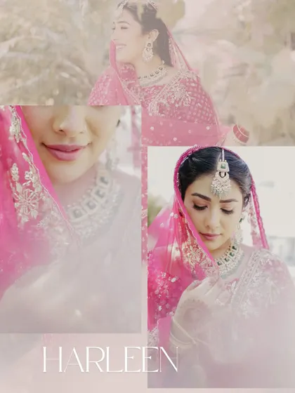A dreamy, artistic collage of a Sikh bride in her vibrant pink wedding attire. The soft overlays and close-ups on her smile create a gentle and romantic mood.