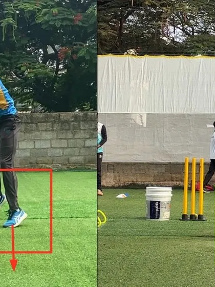 This image is the same as 196 and shows a closer look at the left arm spinner's stride alignment correction. Moving from a 'jump out' to an aligned stride towards the target is key for consistency.