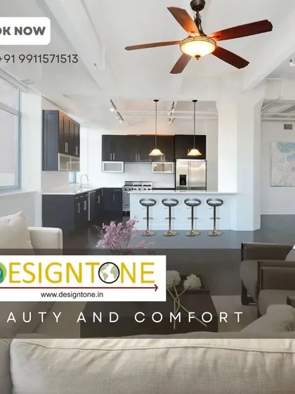 "Transform your space with Designtone." This graphic shows an open-plan living and kitchen area, representing our approach to creating spaces with beauty and comfort.