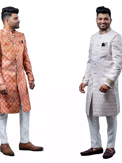 We offer a variety of sherwanis for rent, from classic off-white to patterned orange, to match any bridal outfit.