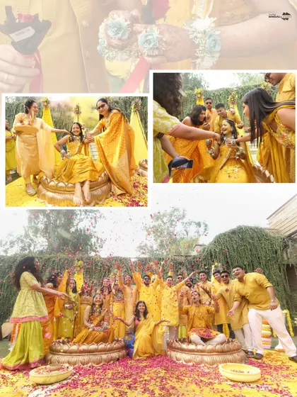 A collage capturing the pure joy of a Haldi ceremony. Friends and family shower the couple with flower petals, creating a vibrant and energetic scene.