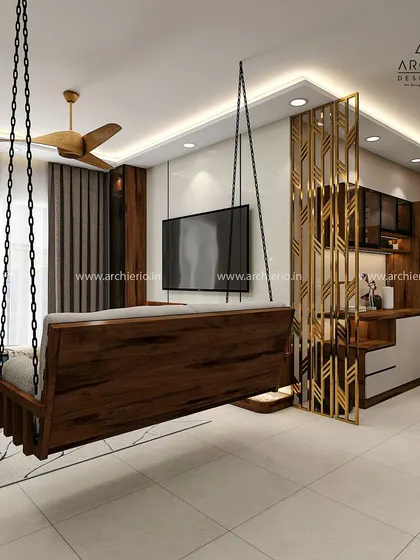 A modern living room featuring a traditional wooden swing, seamlessly blending old and new. The design is a testament to creating soulful homes that tell a story.