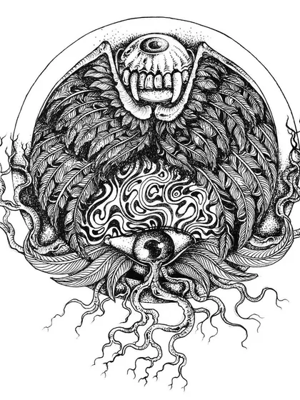 An abstract composition of wings, teeth, and eyes. This piece is a pure exploration of texture and form, combining organic and surreal elements into a balanced, circular design.