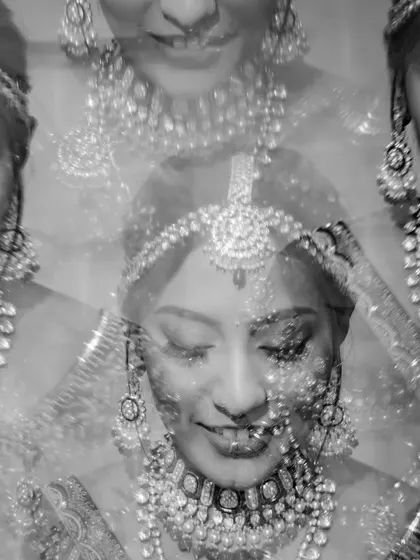 A creative multiple-exposure shot of the bride, capturing different expressions and her beautiful jewelry in one artistic image.