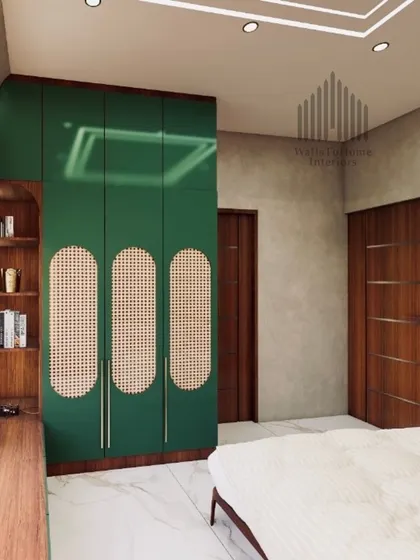 A bedroom render featuring a bold green wardrobe with cane webbing details, paired with a window seat for a cozy reading spot.