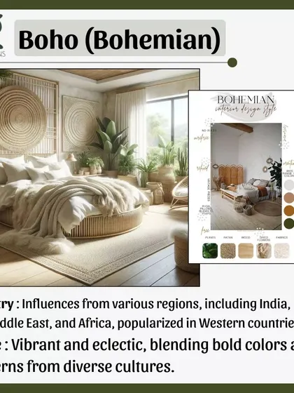 Boho (Bohemian) style is vibrant, eclectic, and free-spirited. It blends bold colors, diverse patterns, and natural textures from various cultures to create a layered and personal look.
