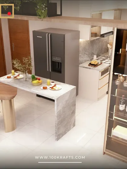 This transitional kitchen includes a waterfall-edge breakfast counter in a beautiful marble finish, extending the workspace and creating a casual dining spot.