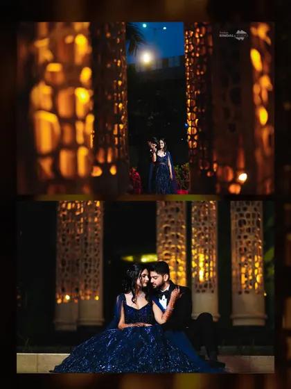 This collage uses golden pillars of light to frame the couple in their stunning blue outfits, creating a sense of drama and luxury for their night shoot.