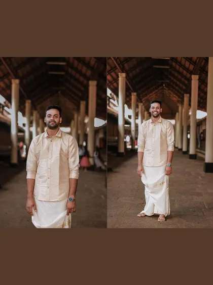 A collage of the groom's portraits in a traditional temple corridor.