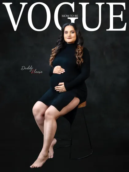 Another take on the Vogue-inspired magazine cover. This portrait features the mom-to-be in a simple, fitted black dress, exuding confidence and modern style.