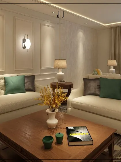 This 3D render focuses on the details of the living room, including the wall paneling, tufted sofas, and the placement of decorative items on the coffee table.