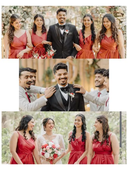 Portraits of the bride with her bridesmaids and the groom with his groomsmen. These images capture the special bonds of friendship and the fun of celebrating with your closest friends.