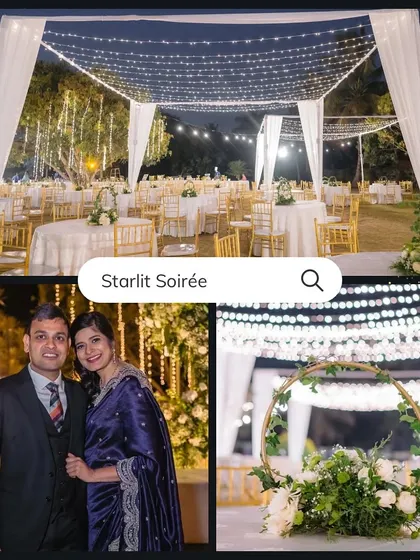 A collage from the starlit soirée, featuring the happy couple. The design focused on creating a warm, informal atmosphere with glowing lights and cozy cabanas instead of a formal stage.