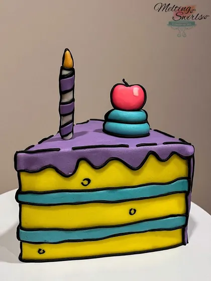 We brought the 2D cartoon trend to life with this comic cake slice, made for our own daughter's birthday. The bold black outlines on the colorful layers create a fun, illustrative effect.
